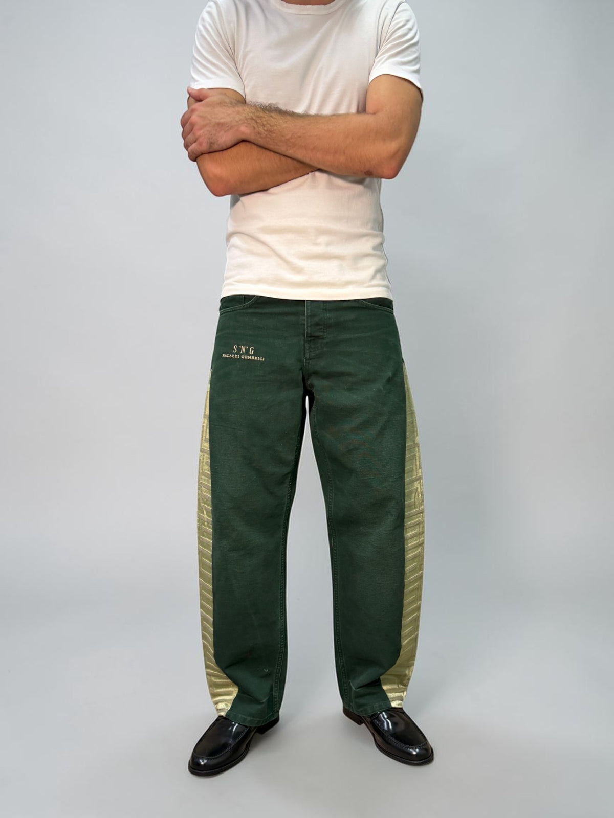SNG Jade – deep green vintage Carhartt trousers reworked with gold and olive geometric silk from San Leucio, photo 2