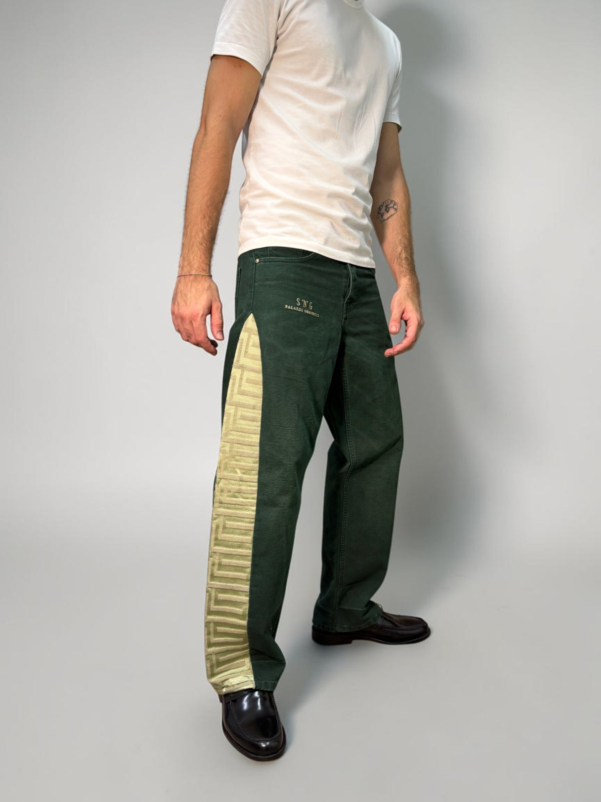 SNG Jade – deep green vintage Carhartt trousers reworked with gold and olive geometric silk from San Leucio, photo 1