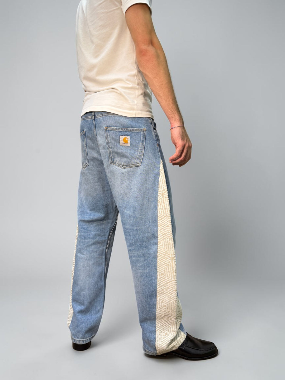 SNG Sunday Afternoon – light wash vintage Carhartt trousers reworked with ivory geometric silk from San Leucio, photo 3