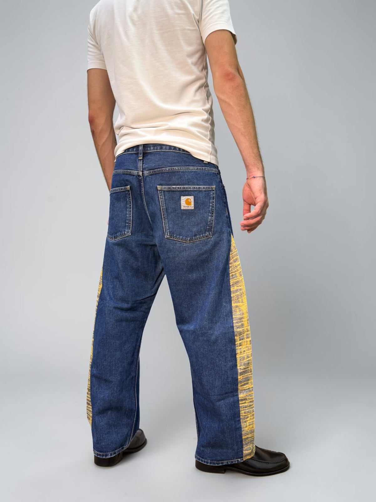 SNG Vesper – dark indigo vintage Carhartt trousers reworked with yellow and silver silk from San Leucio, photo 3