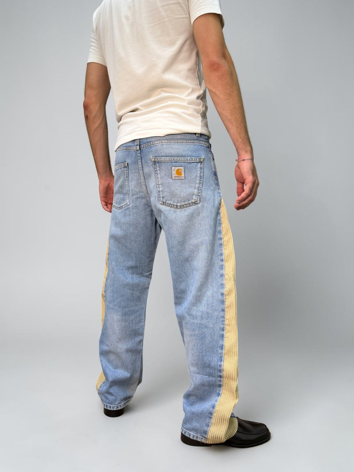 SNG Gilded – light wash vintage Carhartt trousers reworked with gold and ochre silk from San Leucio, photo 3