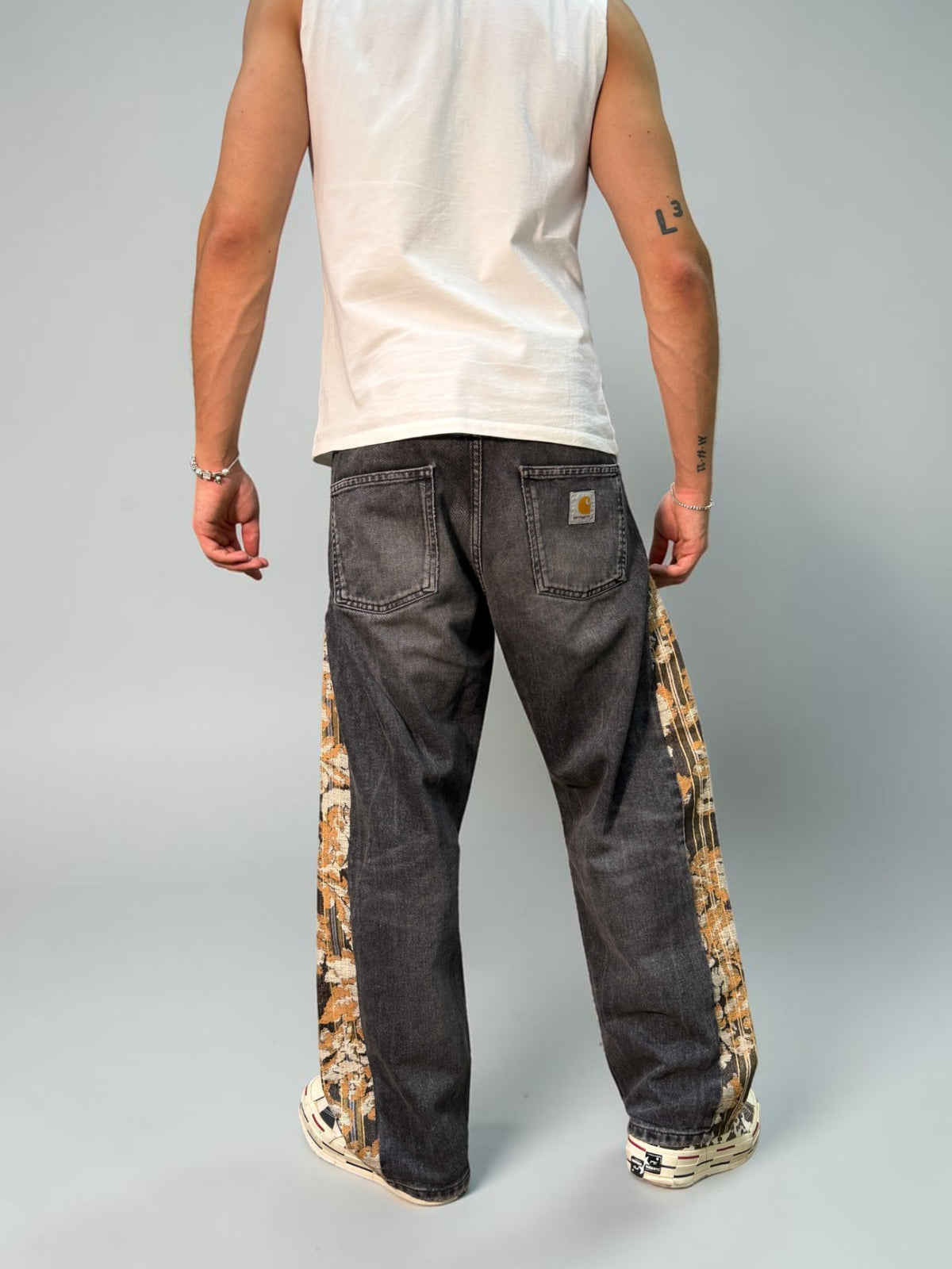 SNG Van Gogh – washed grey vintage Carhartt trousers reworked with gold and ochre floral silk from San Leucio, photo 4