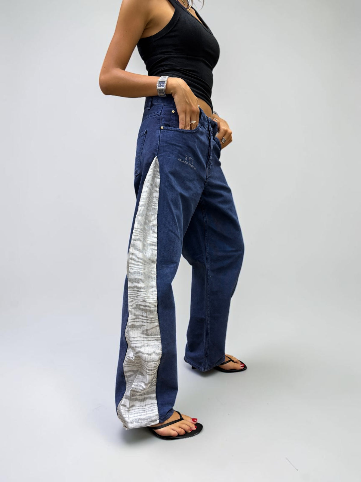 SNG Moonwalk – indigo vintage Carhartt trousers reworked with silver and icy blue jacquard silk from San Leucio, photo 1