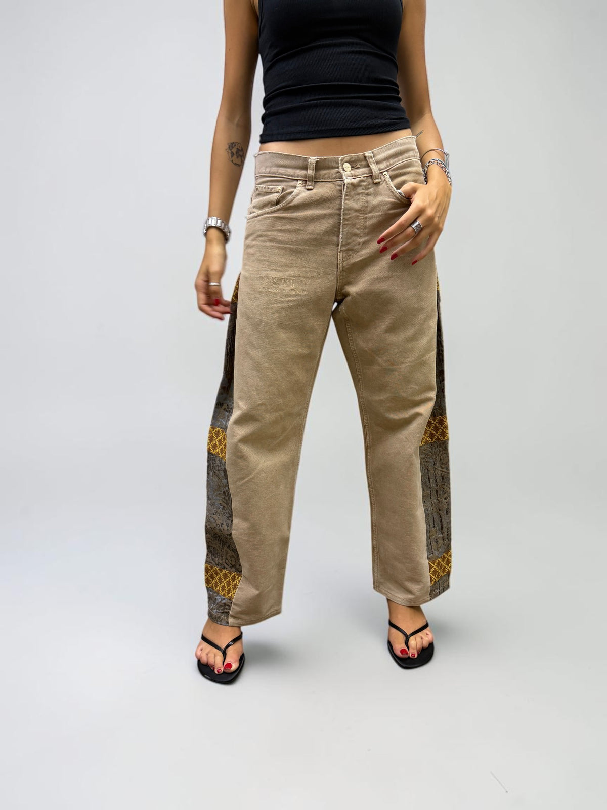 SNG Brocade – sand vintage Carhartt trousers reworked with brown, charcoal and gold silk brocade from San Leucio, photo 1