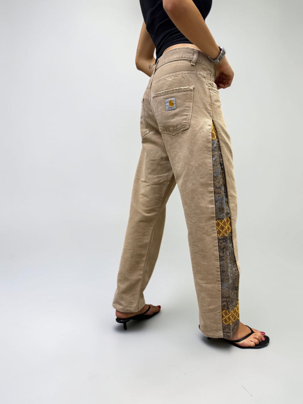 SNG Brocade – sand vintage Carhartt trousers reworked with brown, charcoal and gold silk brocade from San Leucio, photo 4