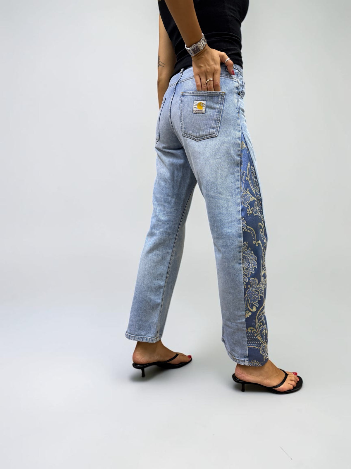 SNG Zerogrà – light wash vintage Carhartt trousers reworked with orange and gold floral silk from San Leucio, photo 3
