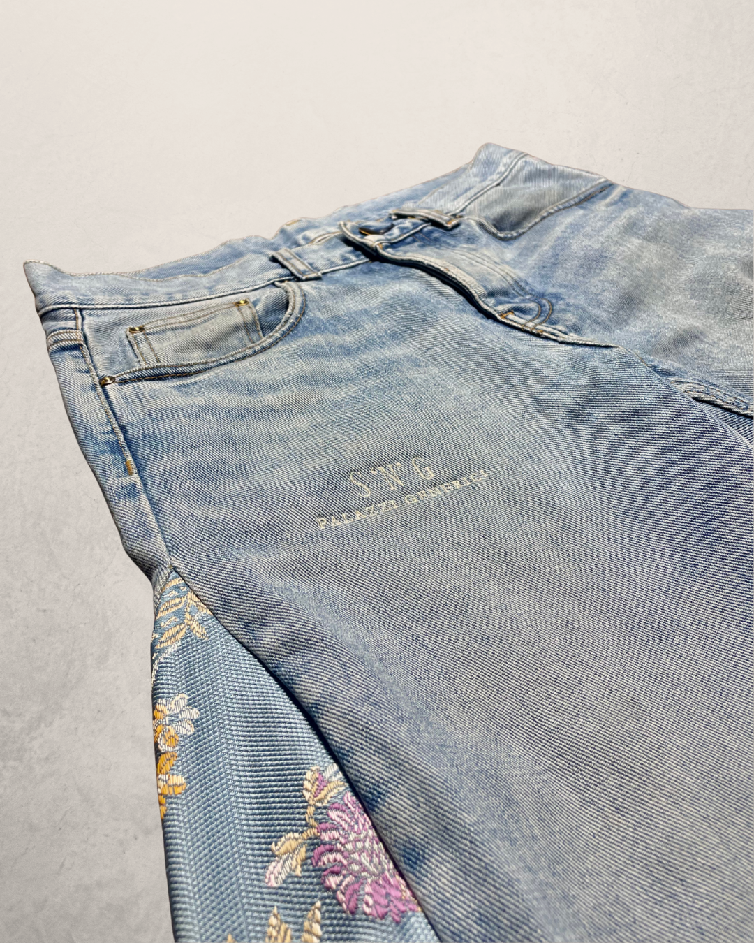 SNG Asurdo – light wash vintage denim jeans reworked with pink, blue and gold floral silk from San Leucio, photo 3