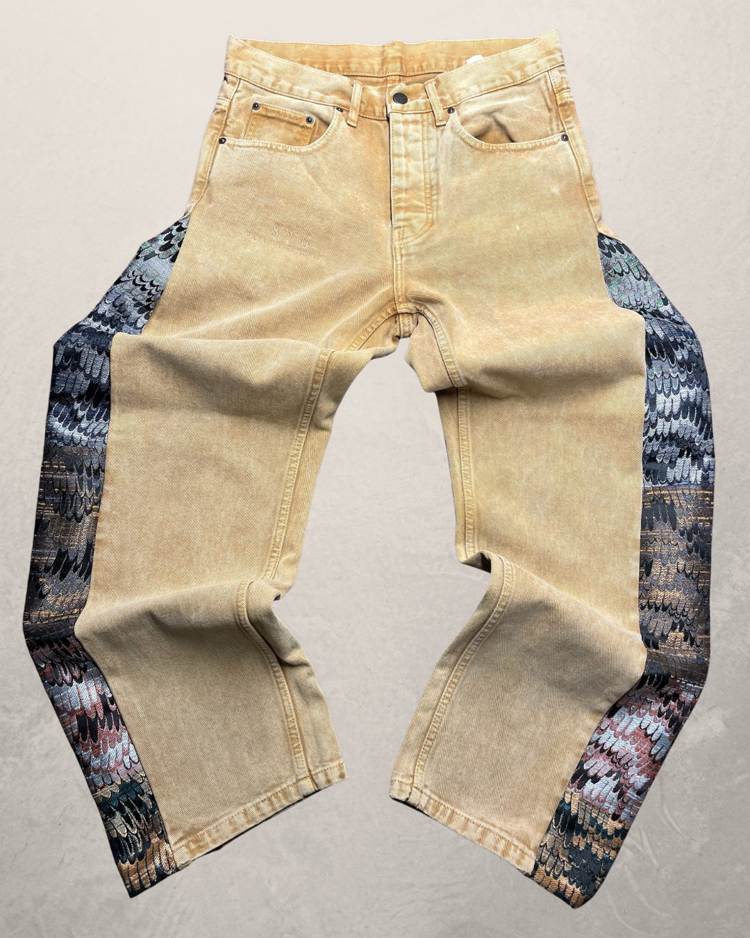 SNG Nishikigoi – sand-wash vintage denim jeans reworked with blue, burgundy and pink silk from San Leucio, photo 1